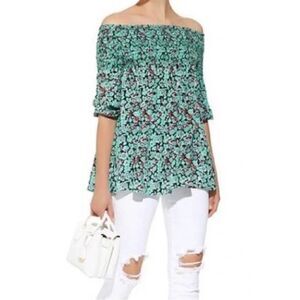 MAJE 'Lafine' Off-the-Shoulder Green Floral-Print Smocked Top Size 1/ US S